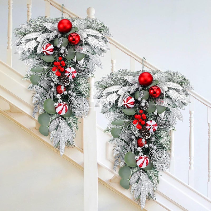 FineCheer 2 Pcs Christmas Teardrop Swags for Front Door 22 Inch Artificial Pine Swag Sliver White Mailbox Swag Decoration for Xmas Door Stair Window Fireplace Wall Shelf Hanging Decor (Berries) - Image 1